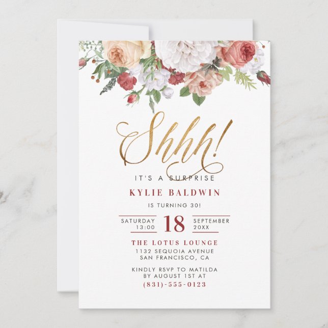 Guld Script Shh! Det är en överraskande Födelsedag Inbjudningar (Framsida)