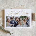 Guld Script Tre Photo Collage Bröllop Tack Kort<br><div class="desc">Tack för ditt kort för Guld Script 3 Photo Collage Bröllop | Skicka tack till familj och vänner för att de är en del av din speciella dag med det här anpassadets fotokollage tack vare ditt kort. Den har skript för elegant i guld och enkel typografi. Personlig genom att lägga...</div>
