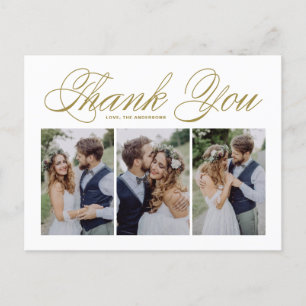 Guld Script Tre Photo Collage Bröllop Tack Vykort