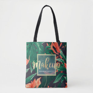 Guld Script & Tropical Blommigt Makeup Beauty Salo Tygkasse