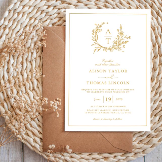 Guld Script Wildblomme Vapensköld Monogram Bröllop Inbjudningar (Skapare uppladdad)