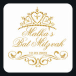 Guld scrollsar, Tiara Bat mitzvah Logotyp Fyrkantigt Klistermärke<br><div class="desc">Golden swirls (scrollsar) och Tiara i en hjärtform Bat mitzvah Sticker. Du kan använda det för olika tillfälle.</div>