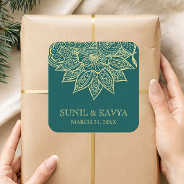 Guld Sea Grönt Mehendi Henna Indian Wedding Favor Fyrkantigt Klistermärke