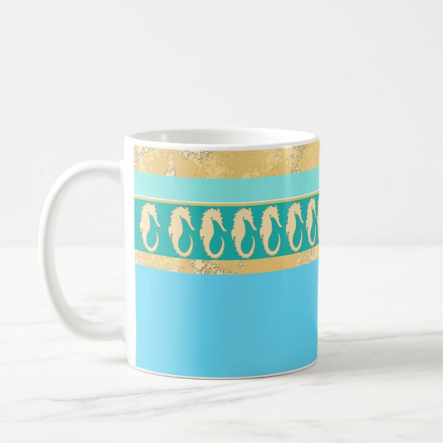 Guld Sea Horse med Aqua och Turquise Rand Kaffemugg (Vänster)