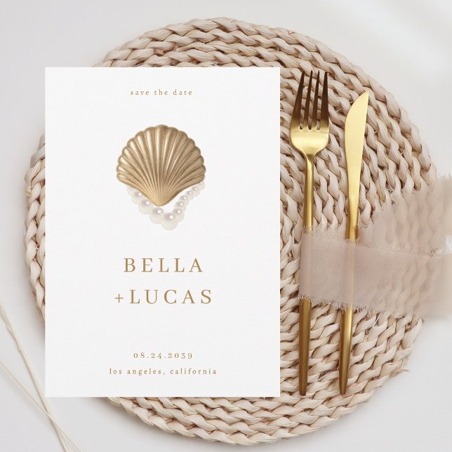 Guld Seashell & Pearls QR Kustkusten Bröllop Spara Datumet (Skapare uppladdad)
