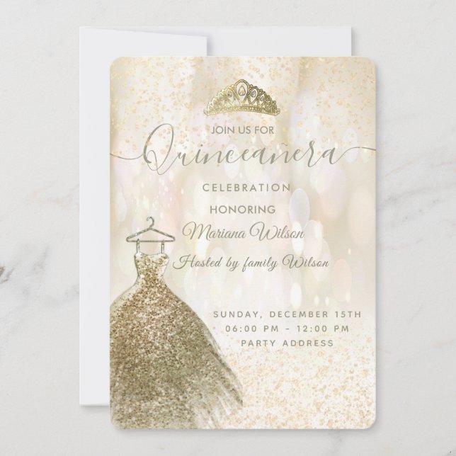 Guld-sekvins dress bokeh tiara Quinceañera Inbjudningar (Framsida)