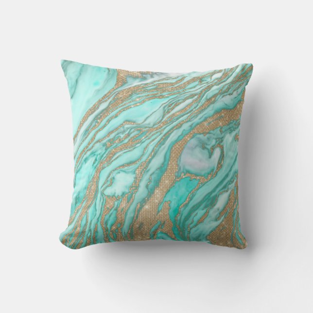 Guld Sequin Glitter Teal Smoky Marble Kudde (Framsida)