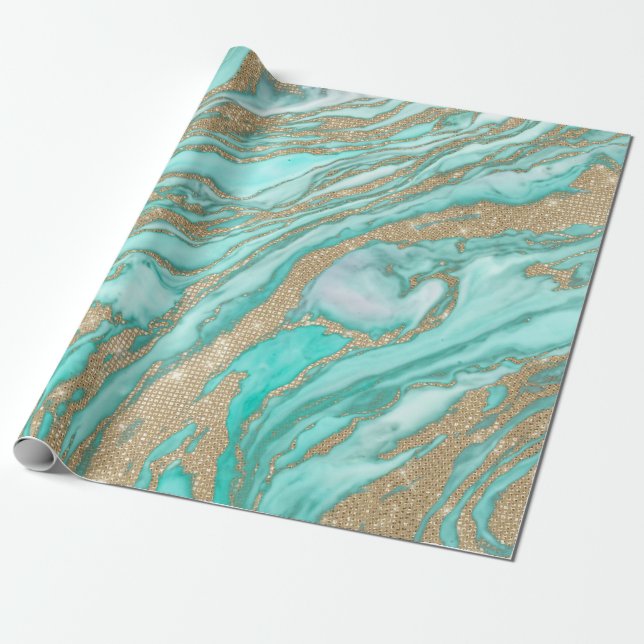 Guld Sequin Glitter Teal Smoky Marble Presentpapper (Utrullad)