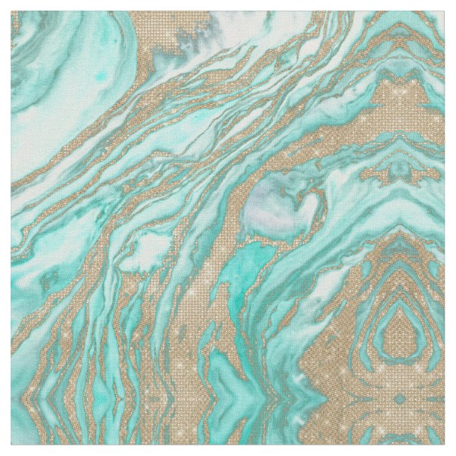 Guld Sequin Glitter Teal Smoky Marble Tyg (Närbild)