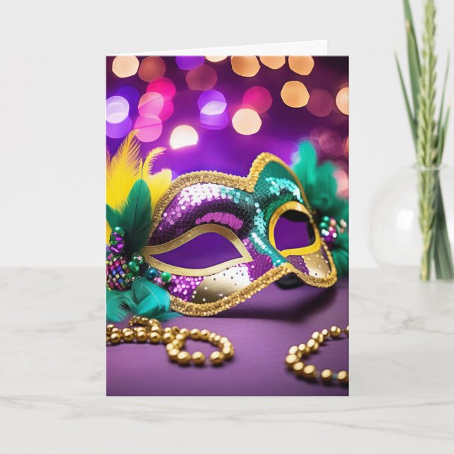 Guld Sequin Mardi Gras Mask Birthday Kort (Framsida)