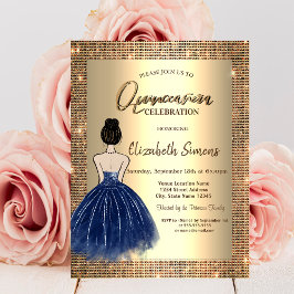 Guld Sequins, Blue Dress Girl Quinceañera Inbjudningar