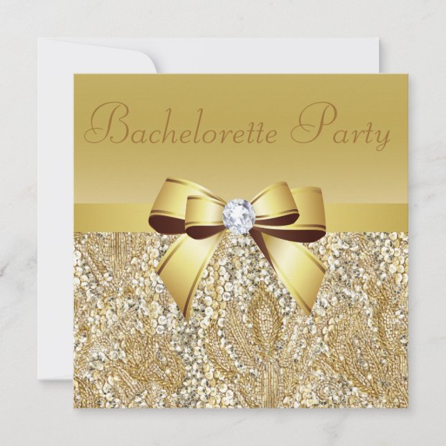 Guld Sequins, Bow & Diamond Bachelorette Party Inbjudningar (Framsida)