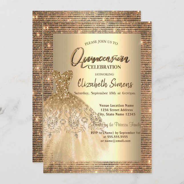 Guld Sequins,Chic Quinceañera Inbjudningar (Fram/baksida)