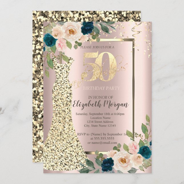 Guld Sequins Dress,Blå Ro Guld 50:e födelsedagen Inbjudningar (Fram/baksida)