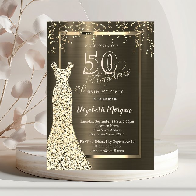 Guld Sequins Dress Brown Metallic 50:e födelsedage Inbjudningar (Skapare uppladdad)