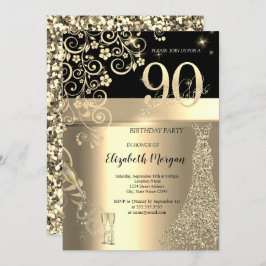 Guld Sequins Dress Glass Flowers 90:e födelsedag Inbjudningar