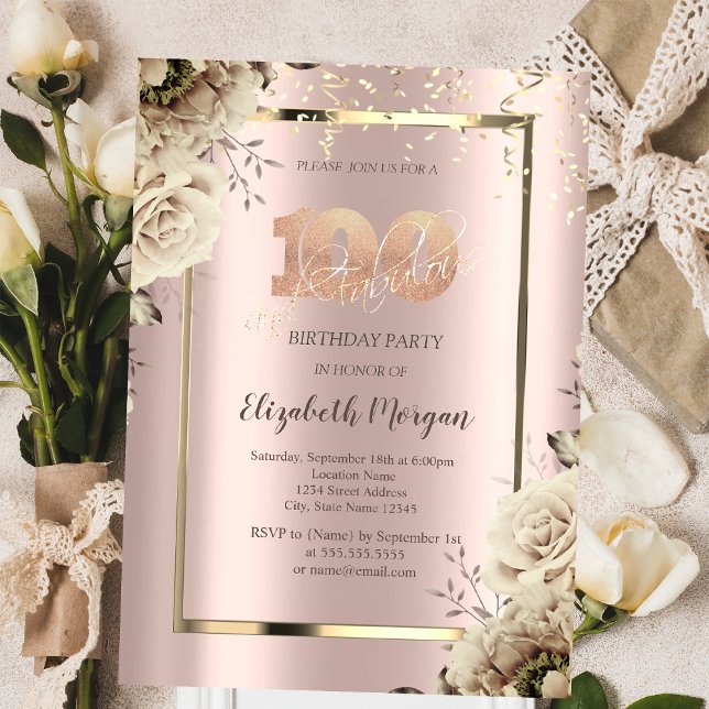 Guld Sequins,Flowers Ro Guld 100:e födelsedagen Inbjudningar (Skapare uppladdad)