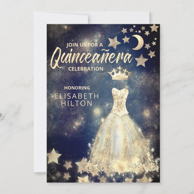 Guld Sequins klänning måne stjärnor Quinceañera bl Inbjudningar (Framsida)