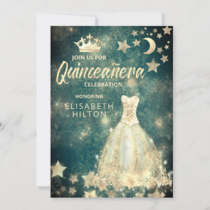 Guld Sequins klär måne stjärnor Quinceañera grönt Inbjudningar