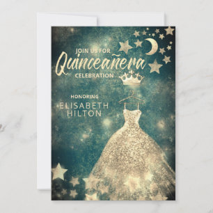 Guld Sequins klär måne stjärnor Quinceañera grönt Inbjudningar