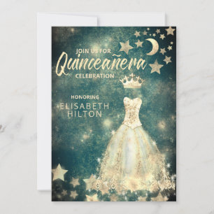 Guld Sequins klär måne stjärnor Quinceañera grönt Inbjudningar