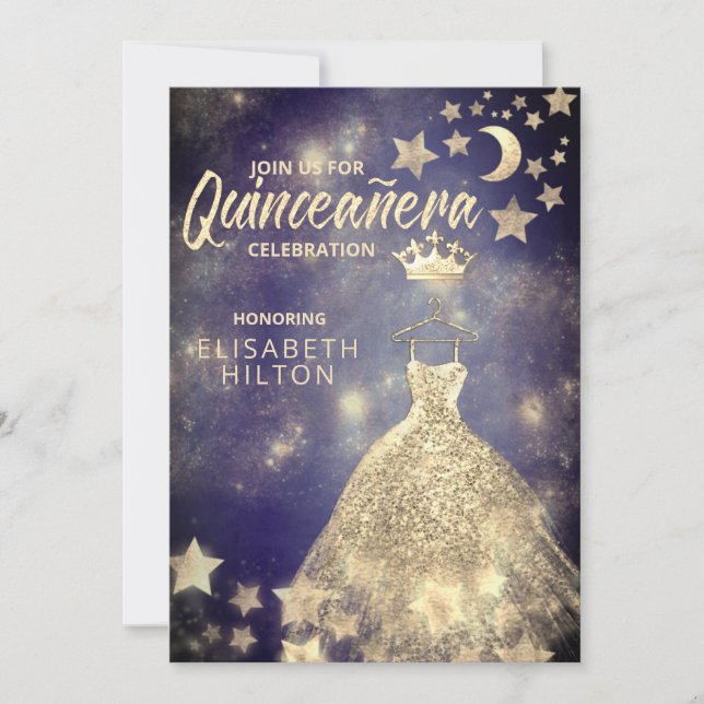 Guld Sequins klär måne stjärnor Quinceañera Inbjudningar (Framsida)