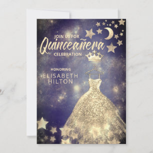 Guld Sequins klär måne stjärnor Quinceañera Inbjudningar