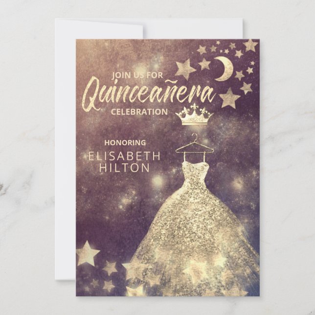 Guld Sequins klär måne stjärnor Quinceañera Inbjudningar (Framsida)