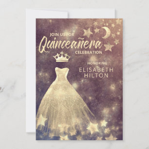Guld Sequins klär måne stjärnor Quinceañera Inbjudningar