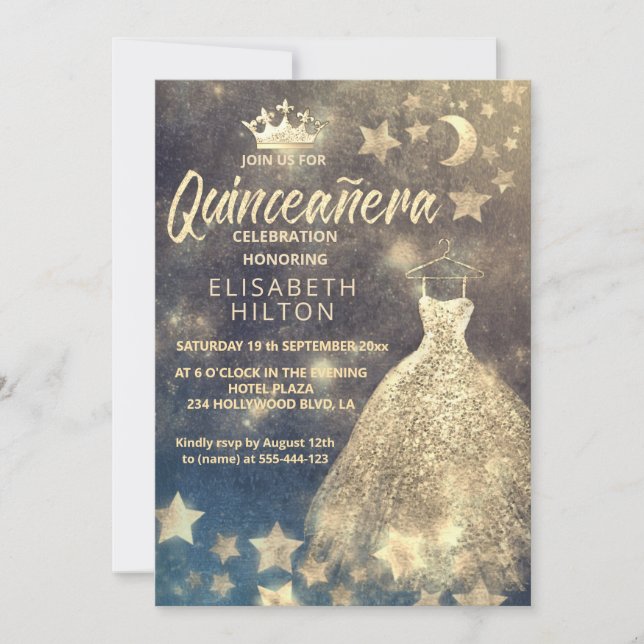 Guld Sequins klär måne stjärnor Quinceañera Inbjudningar (Framsida)