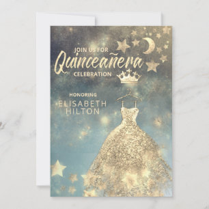 Guld Sequins klär måne stjärnor Quinceañera Inbjudningar