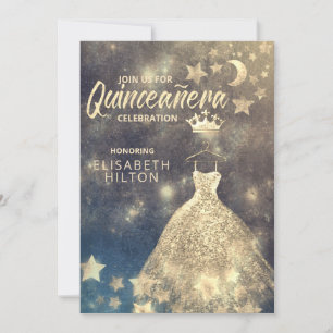 Guld Sequins klär måne stjärnor Quinceañera Invati Inbjudningar