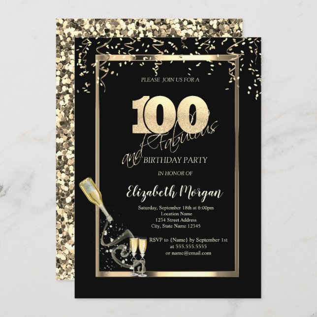 Guld Sequins,Vin Glass Flaska 100:e födelsedag Inbjudningar (Fram/baksida)