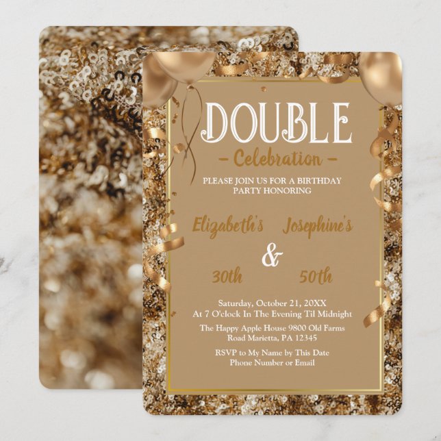 Guld Sequins Vuxen dubbla Joint Födelsedagsfest Inbjudningar (Fram/baksida)