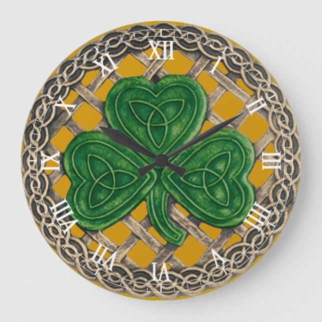 Guld Shamrock & Celtic Knots Roman Numeral Clock Stor Klocka (Framsida)