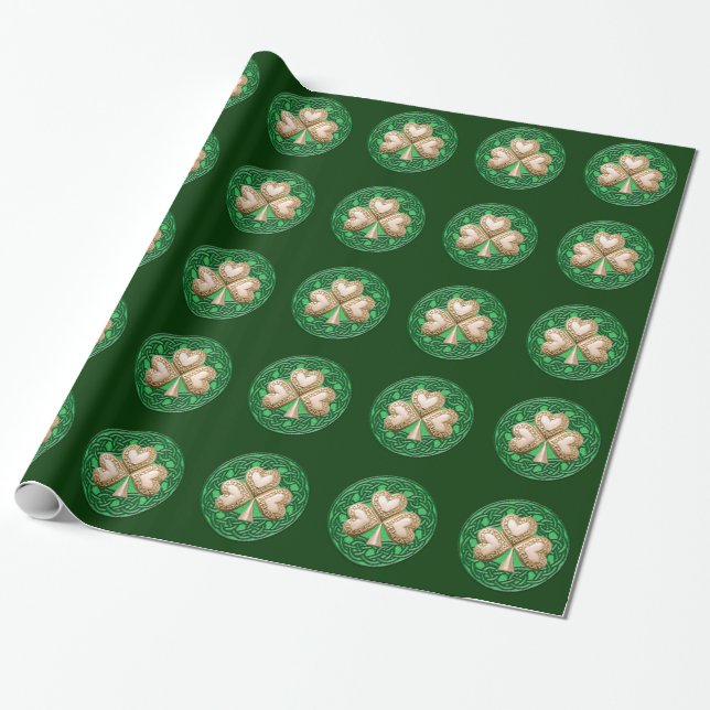Guld Shamrock on Grönt Wrapping Papper Presentpapper (Utrullad)
