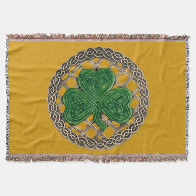 Guld Shamrock på keltiska knoppar Throw Blanket Mysfilt (Framsidan)