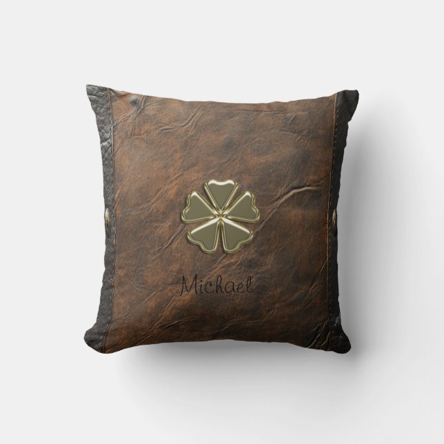 Guld Shamrock St.Patrick's Day,Brown Leather Kudde (Framsida)