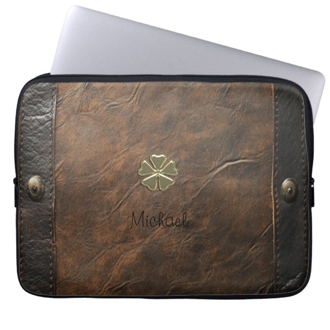 Guld Shamrock St.Patrick's Day,Brown Leather Laptop Fodral (Framsidan)
