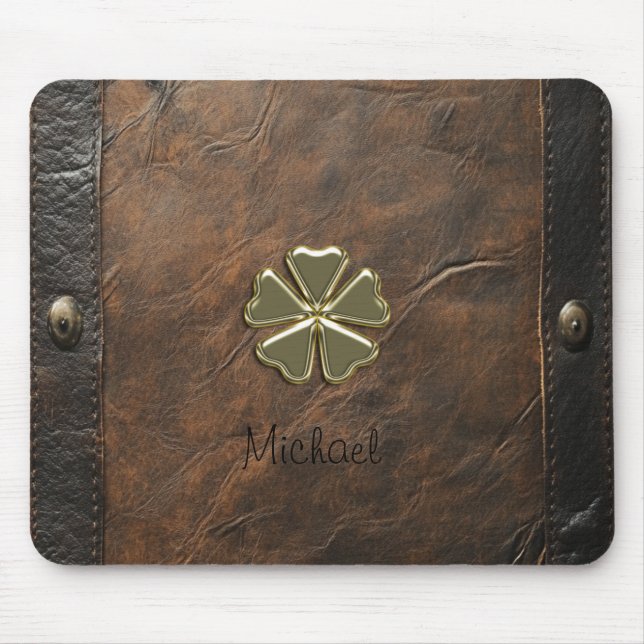 Guld Shamrock St.Patrick's Day, Brun Läder Musmatta (Framsidan)