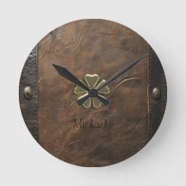 Guld Shamrock St.Patrick's Day, Brun Läder Rund Klocka