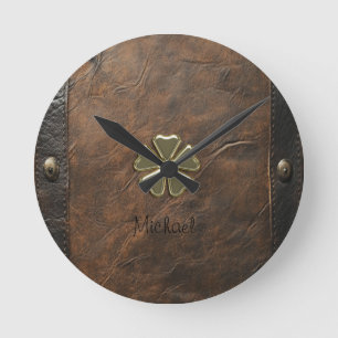 Guld Shamrock St.Patrick's Day, Brun Läder Rund Klocka