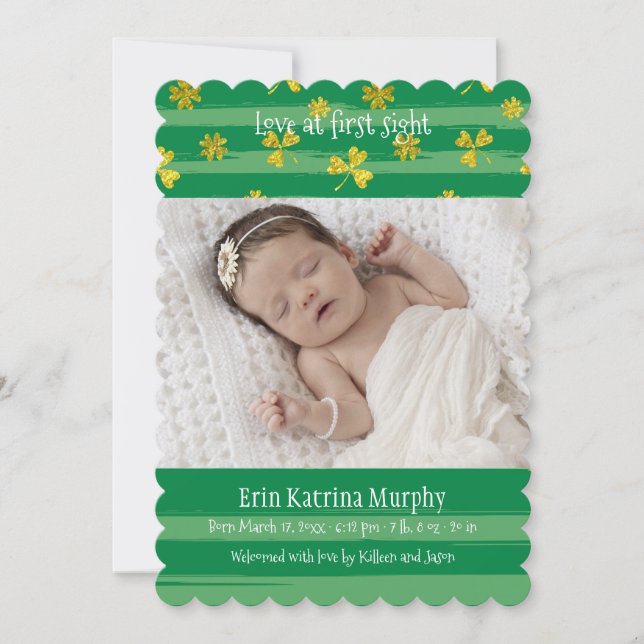 Guld Shamrocks Photo Birth Notice Meddelande (Framsida)
