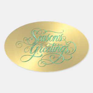 Guld Sheen Season's Greetings Sticker Ovalt Klistermärke
