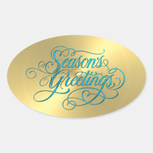 Guld Sheen Turcos Blue Season Greetings Ovalt Klistermärke