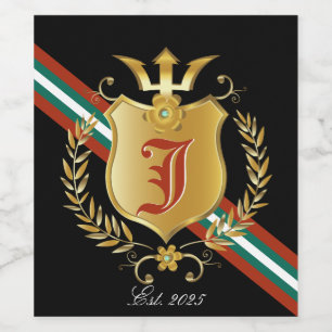 Guld Shield & Vapensköld Red Grönt Rand Monogram Vinflaska Etikett