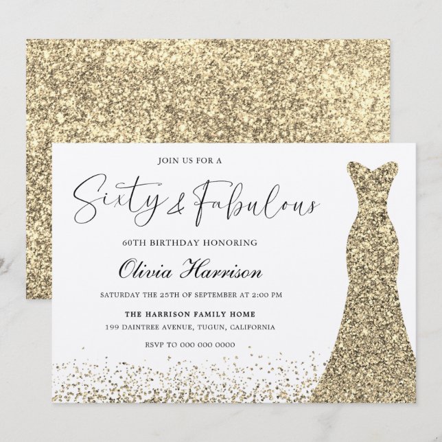 Guld Shimmer Dress 60 och Fabulous 60:e födelsedag Inbjudningar (Fram/baksida)