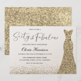 Guld Shimmer Dress 60 och Fabulous 60:e födelsedag Inbjudningar