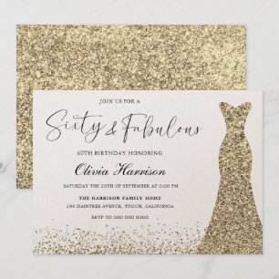 Guld Shimmer Dress 60 och Fabulous 60:e födelsedag Inbjudningar