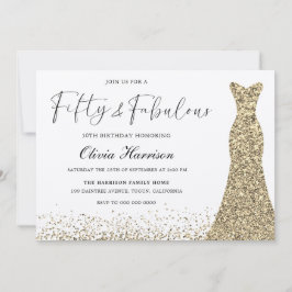 Guld Shimmer Dress femtio och Fabulous femtionde f Inbjudningar